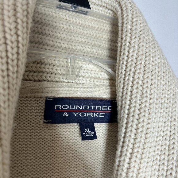 Roundtree & Yorke cable Knit Cardigan leather Button Sweater Cream Mens XL brown - Picture 2 of 11